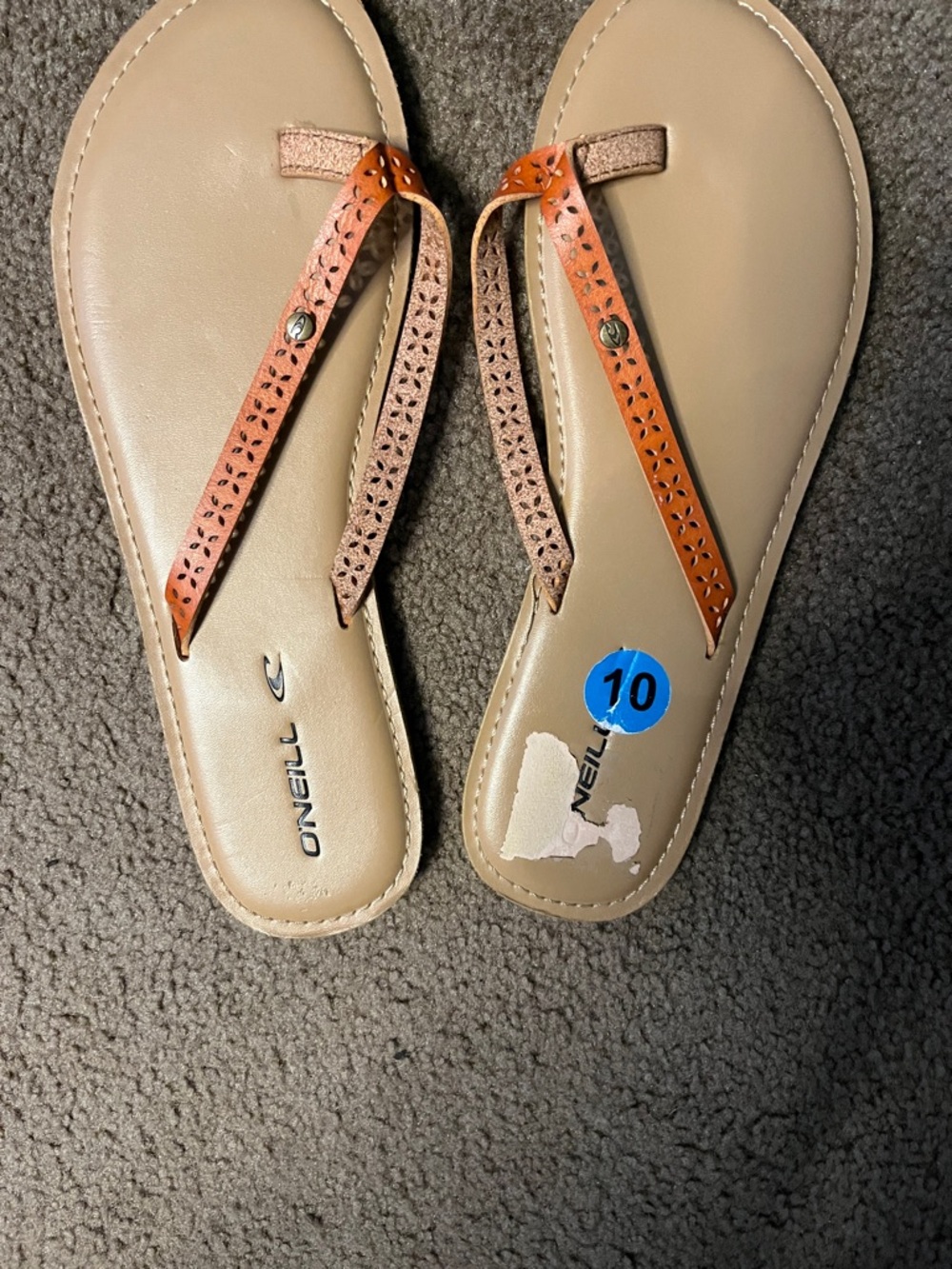 O'Neill Women’s Beige Footbed with Brown and Tan Laser-Cut Thong Sandals